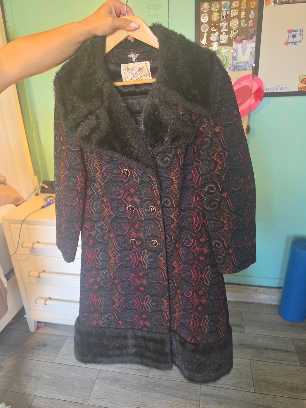 Tipper Collectif Multicolor Patterned Pea Coat with Black Faux Fur Trim - Picture 2 of 3